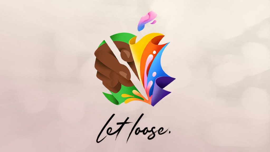 Un logo de Apple transformado en una explosión de colores de la que emerge una mano sosteniendo un lápiz. La frase "Let Loose" ("Desata") acompaña la imagen.