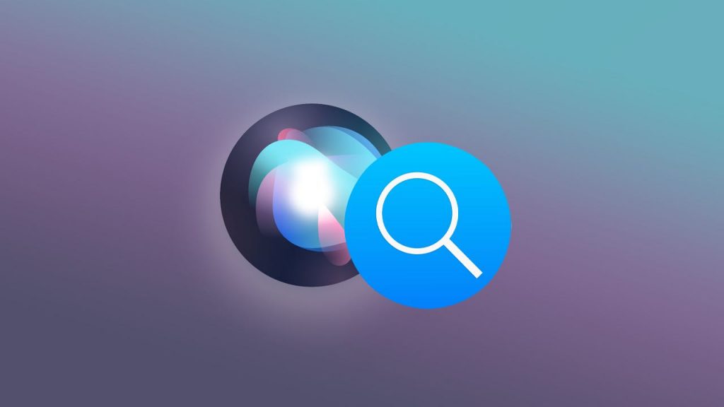 Icono de Siri, simbolizado por una onda colorida dentro de un círculo oscuro, junto al icono de Spotlight, representado por una lupa con relleno azul, ambos sobre un fondo degradado que va del púrpura al verde azulado.