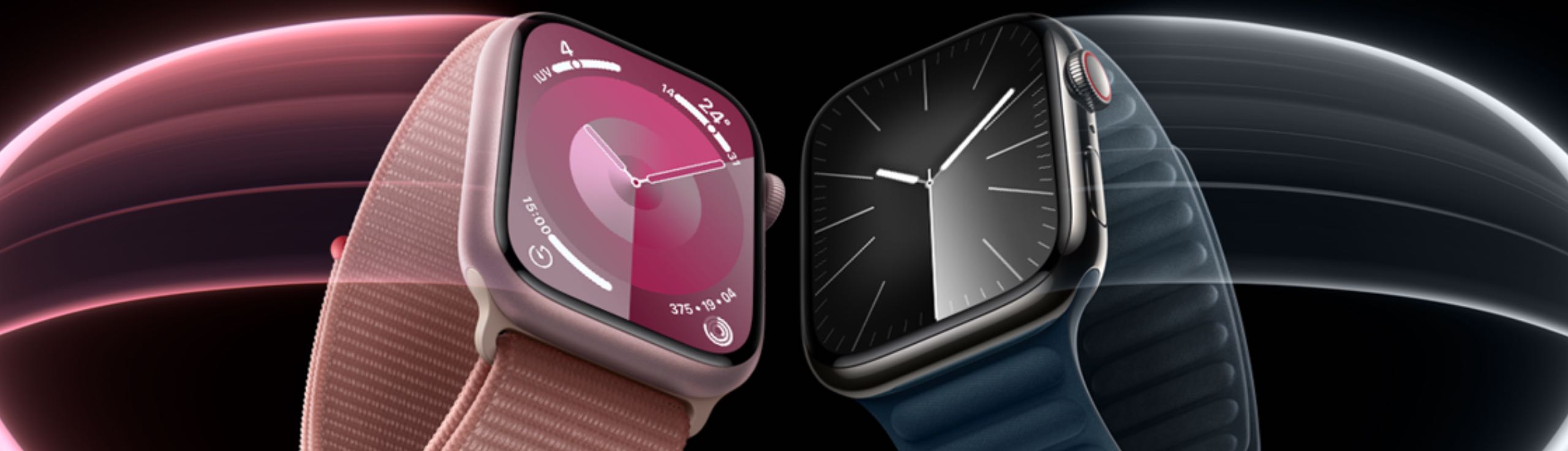 Banner del Apple Watch Series 9 con correas rosa y negra