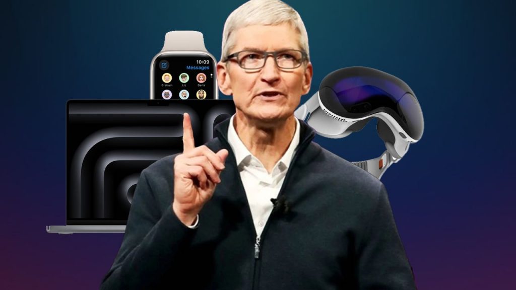 CEO de Apple gesticulando durante una presentación, con imágenes de Apple Watch, MacBook Pro y Vision Pro en el fondo.