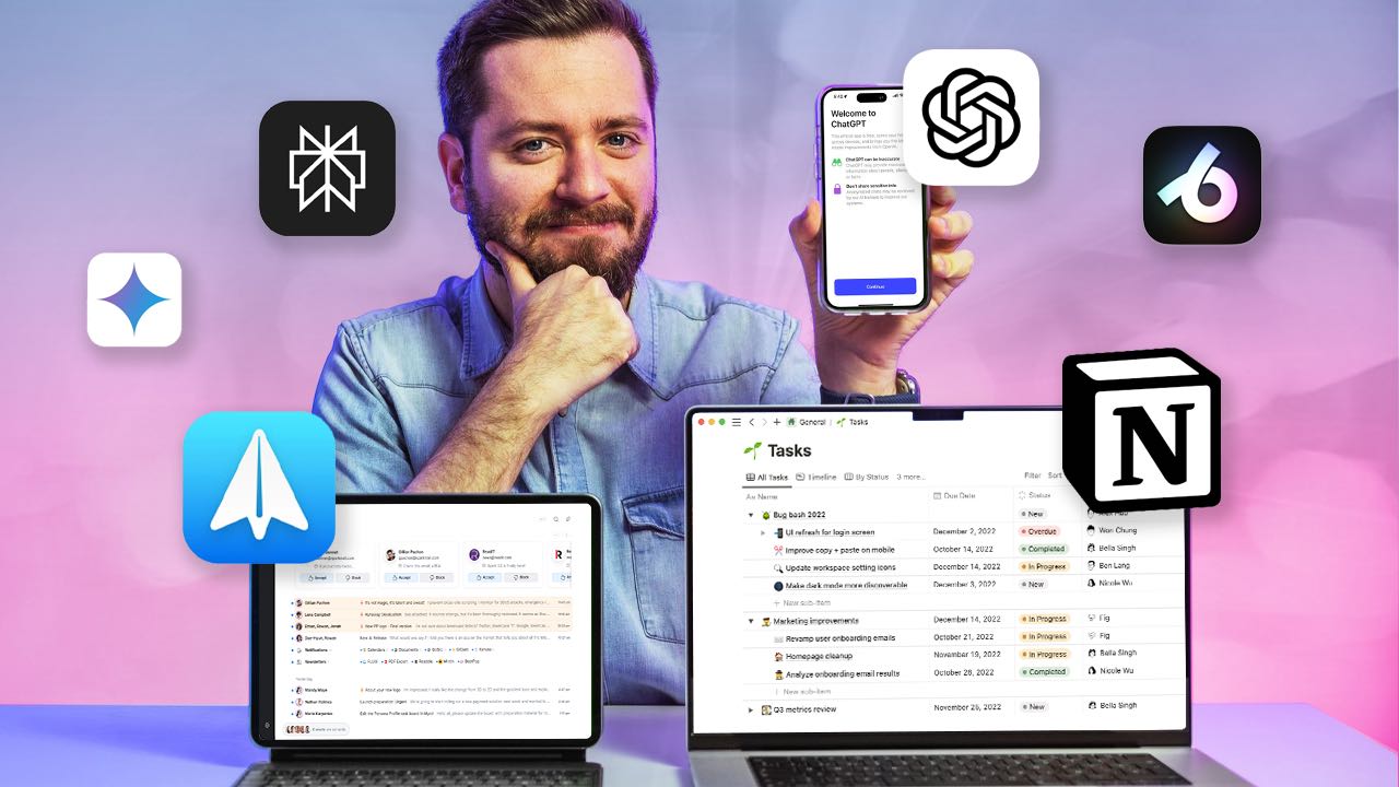 Hombre sonriente mostrando un iPhone y un iPad con aplicaciones de IA. Iconos de apps como Notion, Spark, y otras herramientas de productividad basadas en IA rodean la imagen