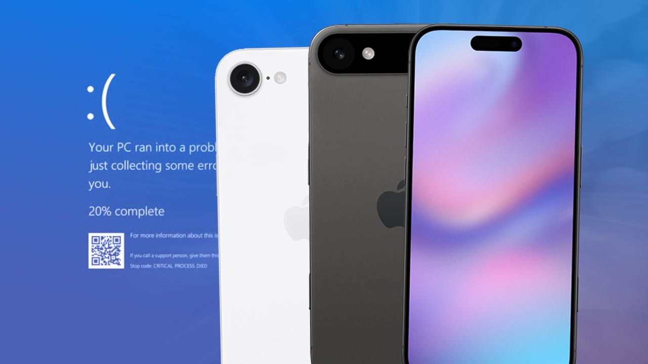 Pantalla de error de Windows junto a iPhones, ilustrando problemas de seguridad y concepto del futuro iPhone 17.