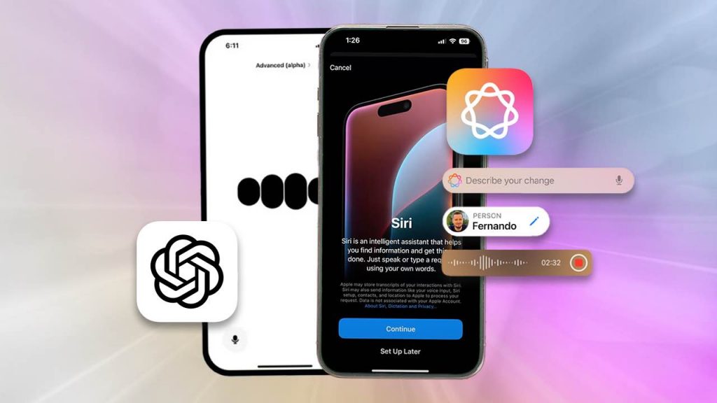 Dos iPhones mostrando ChatGPT y la nueva Siri de Apple Intelligence, con logos de ambas aplicaciones.