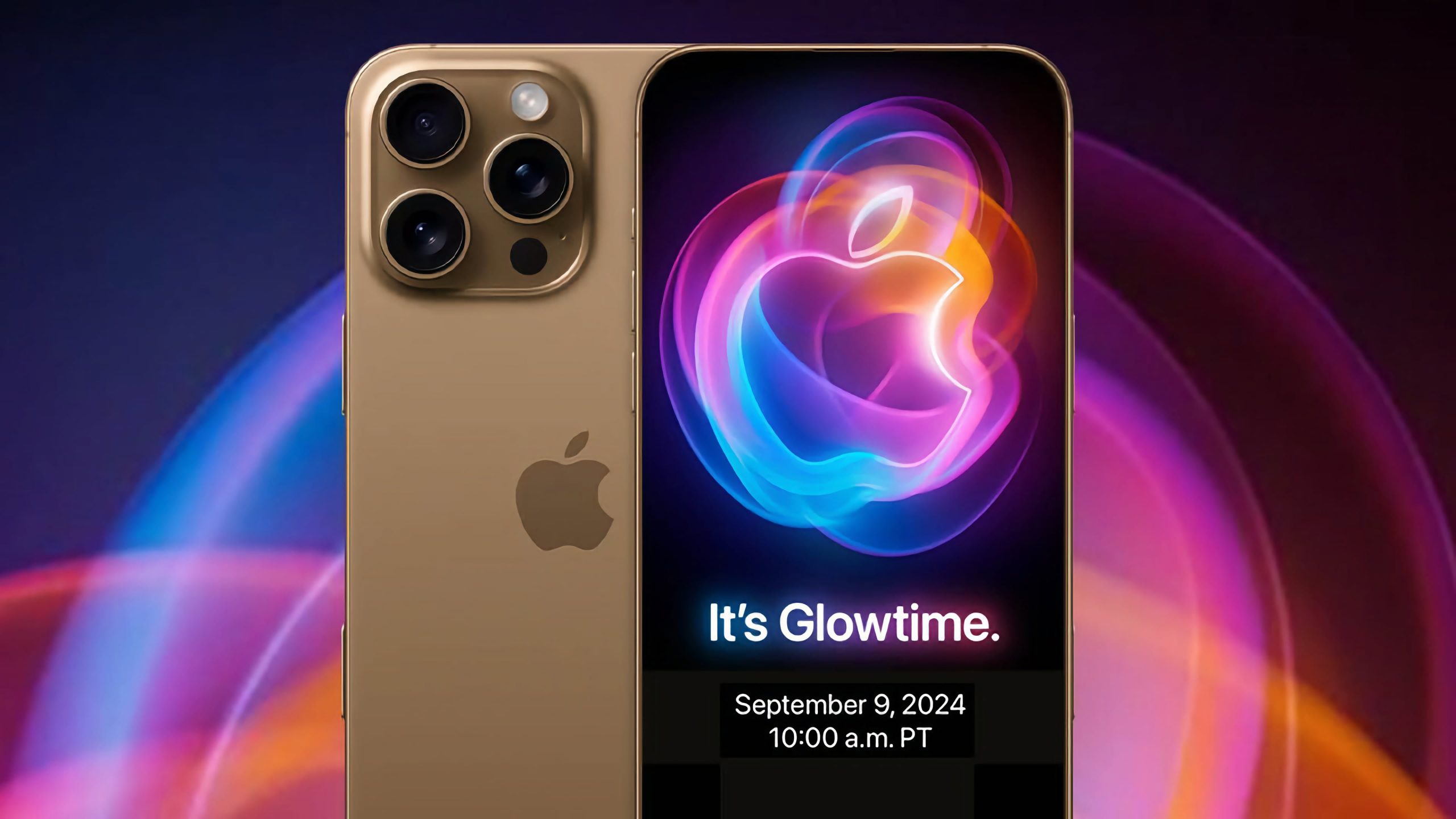 Imagen de los nuevos iPhone 16 en varios colores en el evento de Apple "It's Glowtime".