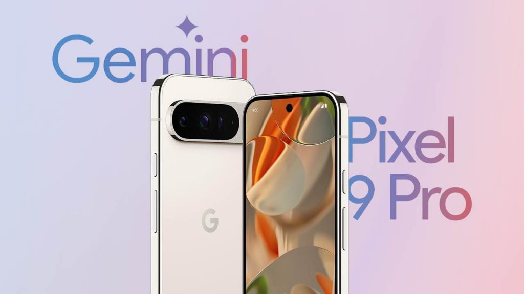 Google Pixel 9 Pro en color blanco con el logo de Google y el nombre "Gemini" en la parte superior. Se destaca el módulo de cámara trasero.