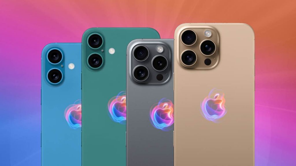 Cuatro modelos de iPhone 16 en diferentes colores.