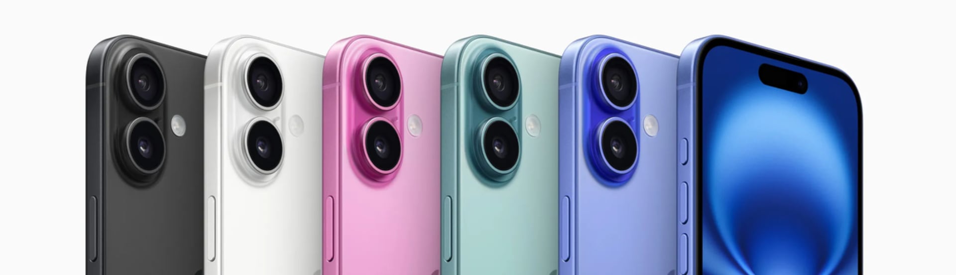 Linea completa de colores del iPhone 16: negro, blanco, rosa, verde azulado, azul