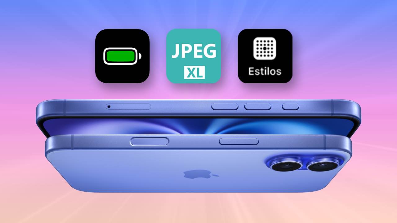 iPhone 16 azul recostado y encima los iconos de batería JPEG XL y estilos fotográficos