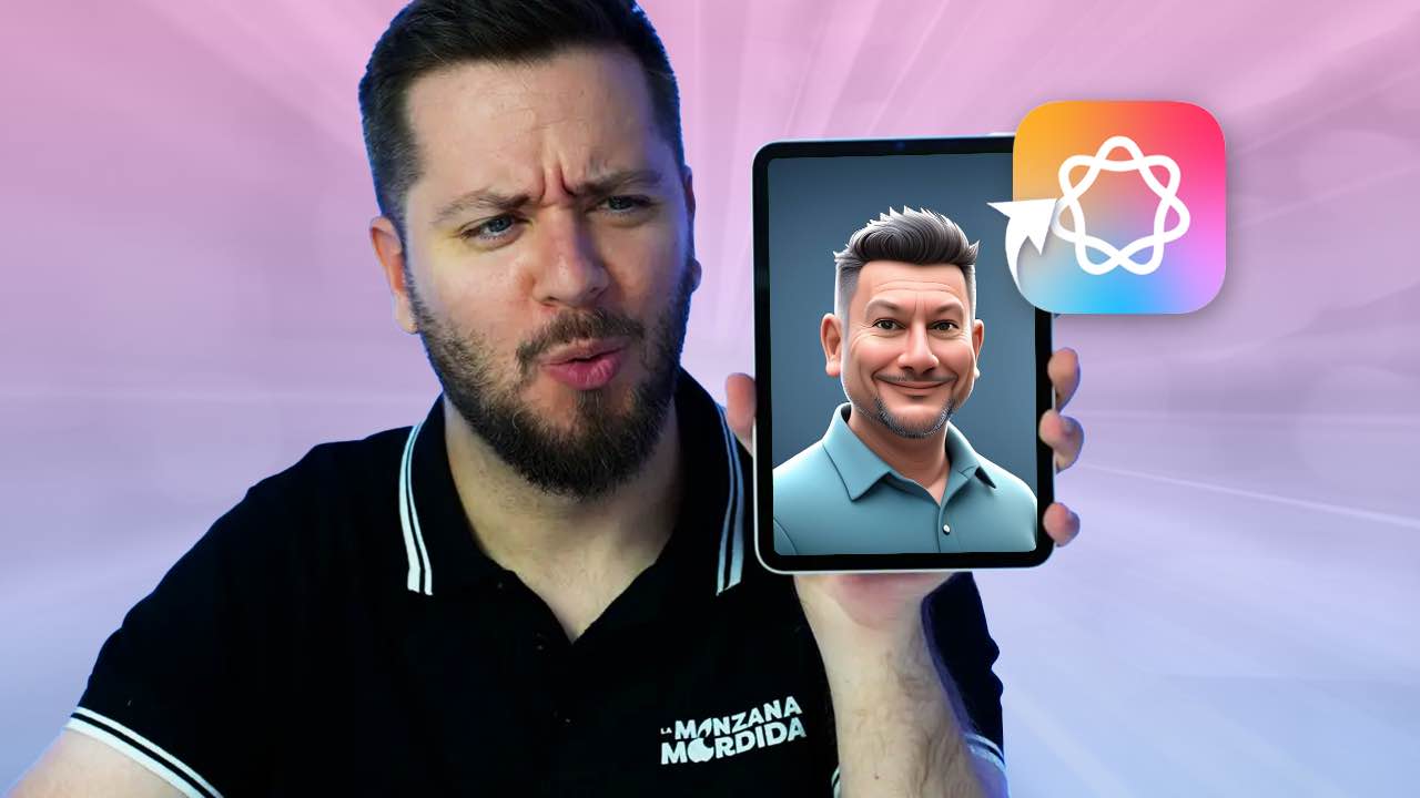 Fernando sujetando el iPad mini 7 con un retrato de David hecho con Image Playground en iOS 18.2. A su lado el logo de Apple Intelligence.