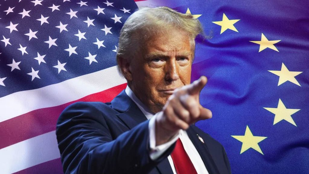 Donald Trump con la bandera de EEUU y Europa a su espalda