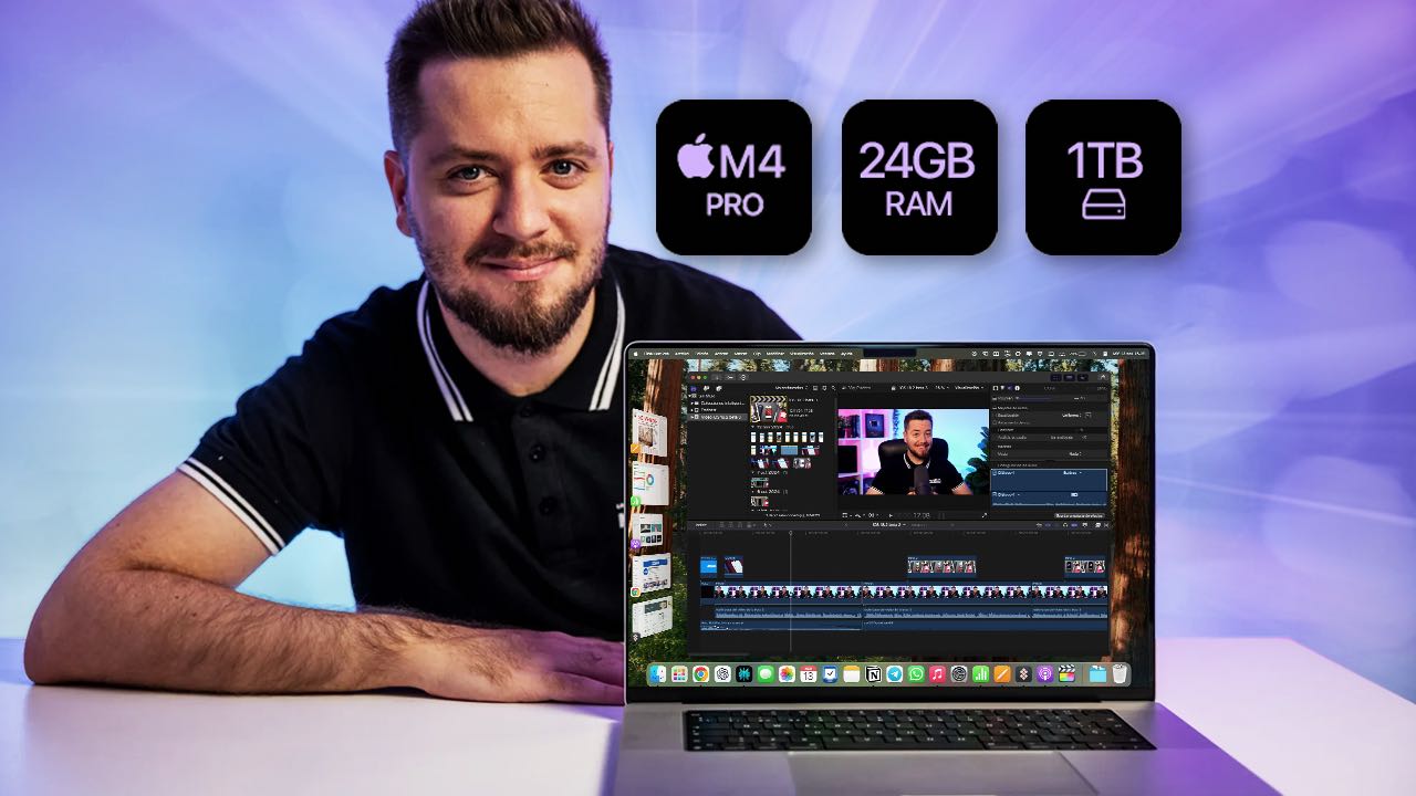 Fernando del Moral junto al MacBook Pro con varias apps abiertas.