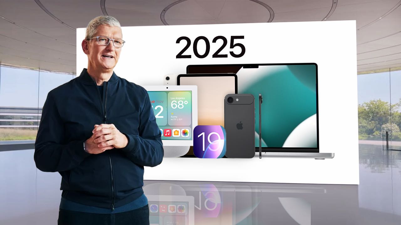 Tim Cook en el Apple Park presentando productos con un 2025 sobre estos.