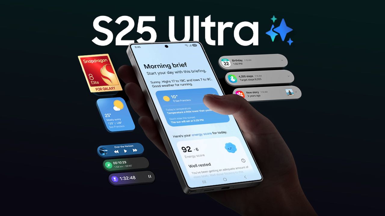 En la imagen se ve el Samsung Galaxy S25 Ultra en la mano de una persona con el nombre escrito en la parte superior y elementos flotantes alrededor del teléfono (procesador, widgets, etc).