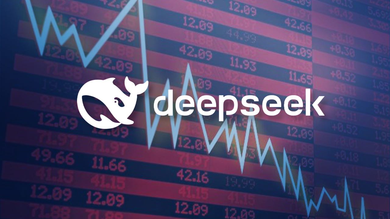 Logo de DeepSeek con una capa translucida que deja ver la bolsa de Wall Street en rojo y con una flecha descendiendo.