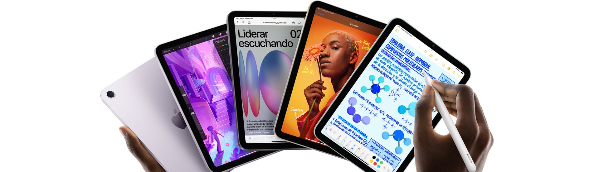 Varios iPad mini mostrando diferentes aplicaciones en pantalla, incluidos bocetos, notas y libros, junto al Apple Pencil, el premio del regalo de La Manzana Mordida.