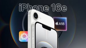 Imagen de un iPhone 16e en color blanco mate junto al chip A18 y el logo de Apple Intelligence