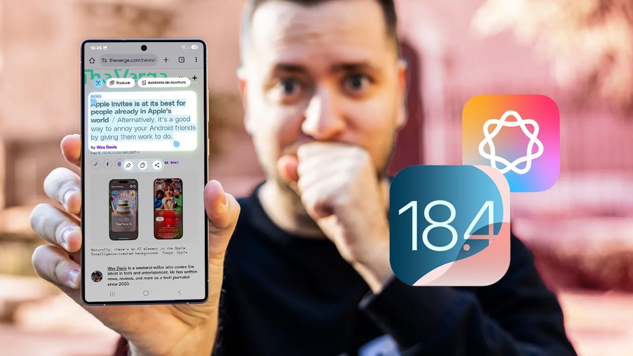 Fernando sostiene un S25 Ultra con su mano derecha y en su lazo izquierdo aparece los logos de iOS 18.4 y Apple Intelligence
