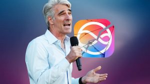 Craig Federighi junto al logo de Siri resquebrajado