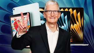 Tim Cook levanta 2 dedos celebrando la presentación del iPad Air y MacBook Air