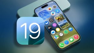 Imagen de un iPhone con una pantalla de apps rediseñada junto al logo de iOS 19.