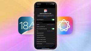 Imagen de los ajustes de Apple Intelligence, junto al logo de iOS 18.4