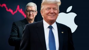 Donald Trump sonriente mientras que a su espalda está Tim Cook serio con ojos cerrados. En el fondo hay un gráfico rojo de la bolsa americana junto al logo de Apple.