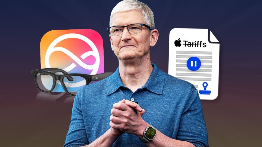 Tim Cook junto al logo de Siri y un documento que representa la pausa en los aranceles