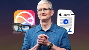 Tim Cook junto al logo de Siri y un documento que representa la pausa en los aranceles