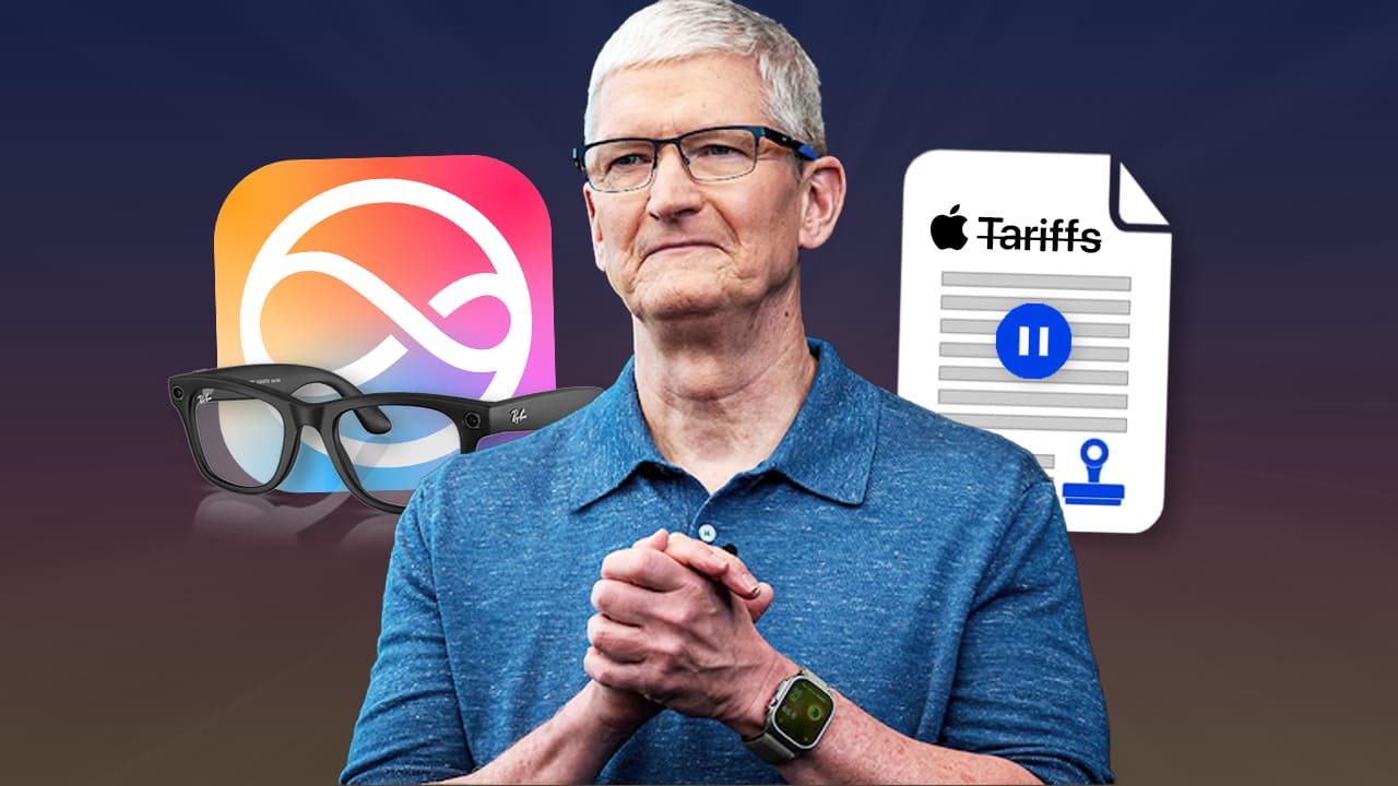 Tim Cook junto al logo de Siri y un documento que representa la pausa en los aranceles