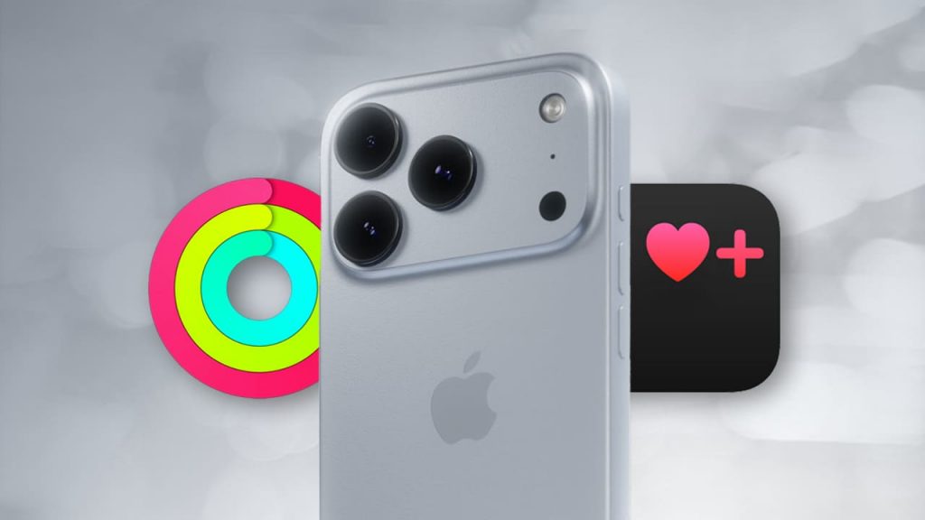 Concepto del iPhone 17 en plata con triple cámara, anillos de actividad del Apple Watch y el icono de la futura función Salud+.
