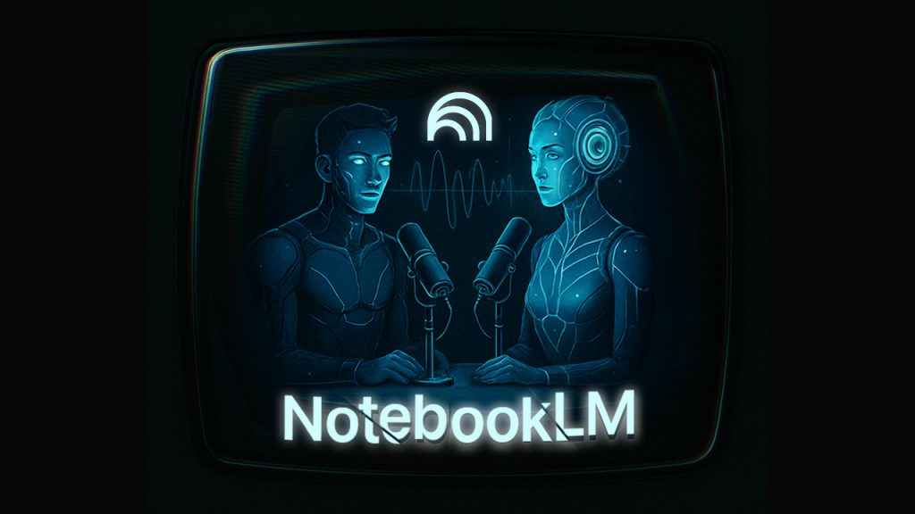 Una televisión con fondo negro y dos presentadores IA presentando el programa al mas puro estilo Black Mirror.