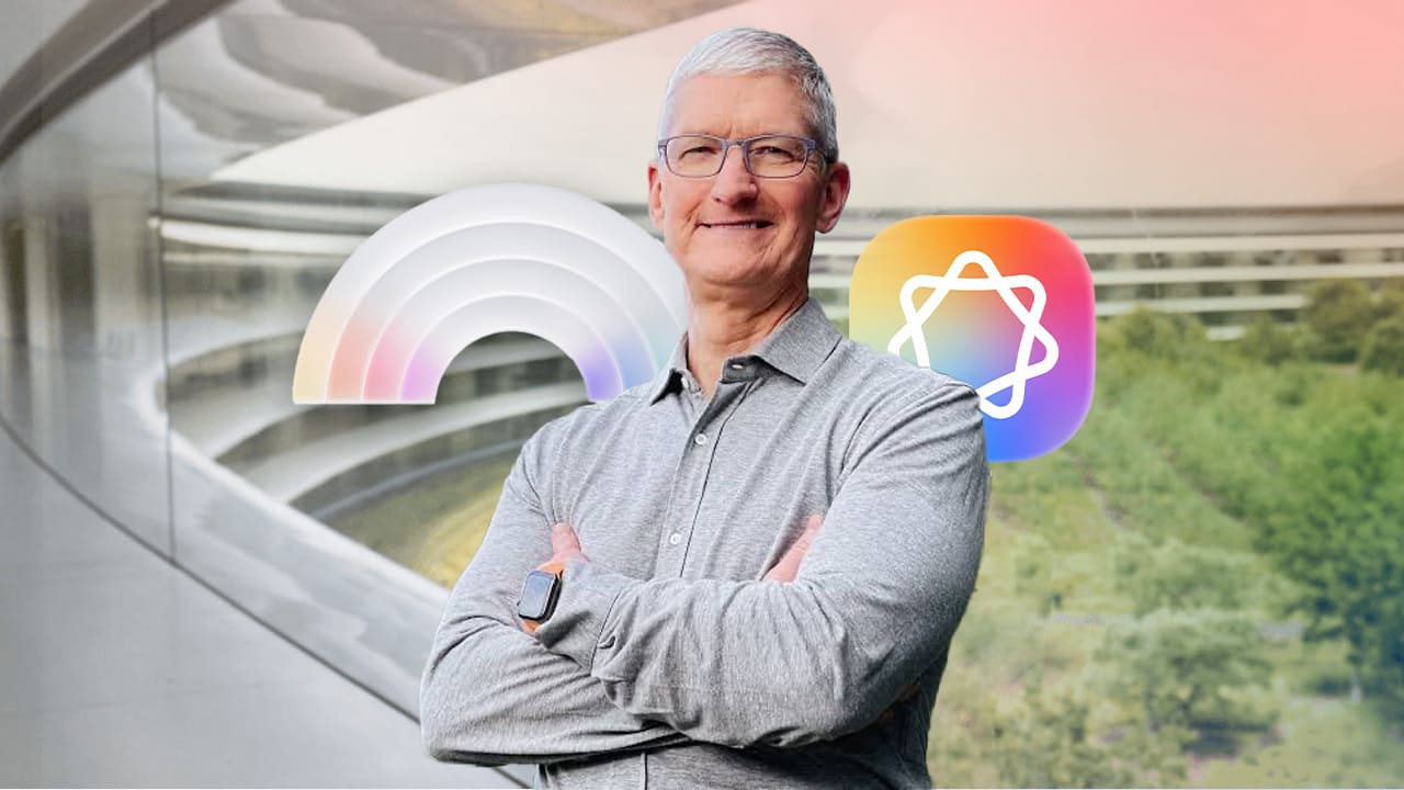 Tim Cook frente al Apple Park con logos de WWDC25 e IA, reflejando los temas centrales del episodio del podcast.
