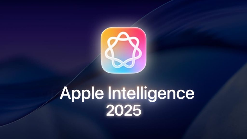 Logotipo de Apple Intelligence 2025 con fondo azul degradado