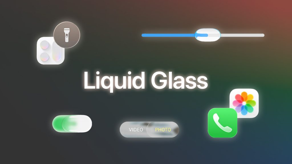 Elementos diseño Liquid Glass Apple: linterna, slider, apps, interfaz.