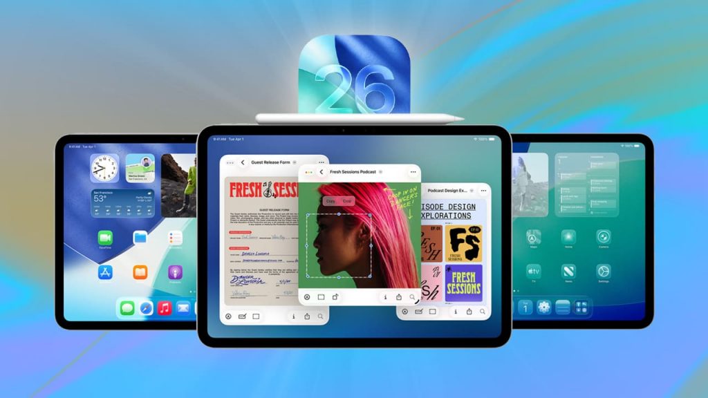 Varios iPads muestran la interfaz de iPadOS 26, con la nueva función de multitarea con ventanas en el centro.