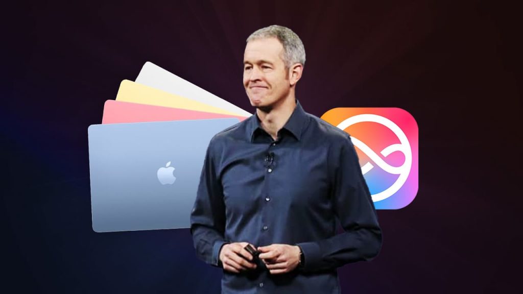 Jeff Williams, COO de Apple, junto a un MacBook y el logo de la startup de IA Perplexity, en un montaje sobre el futuro de Apple.
