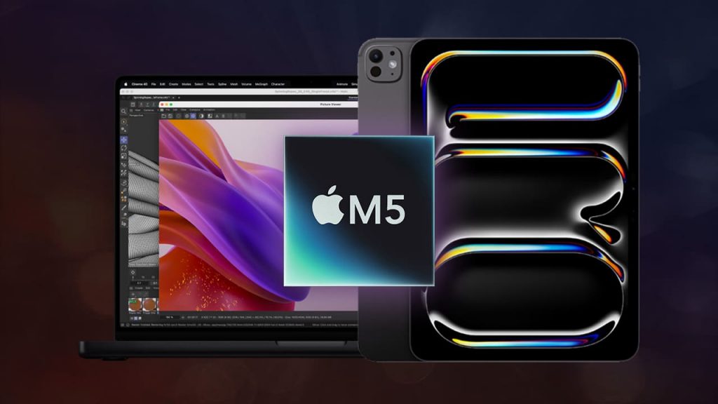 Montaje de MacBook Pro y iPad Pro destacando el chip Apple M5 y avances de la gama profesional en 2025