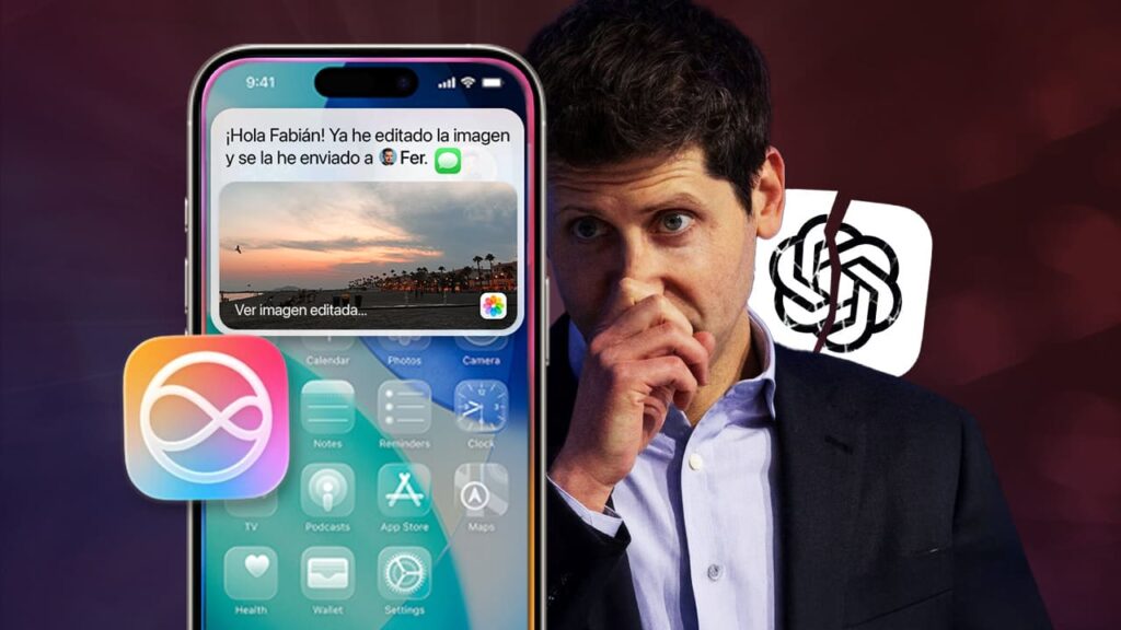 Sam Altman preocupado por el caos de ChatGPT-5 junto a un iPhone que muestra la futura integración proactiva de Siri.