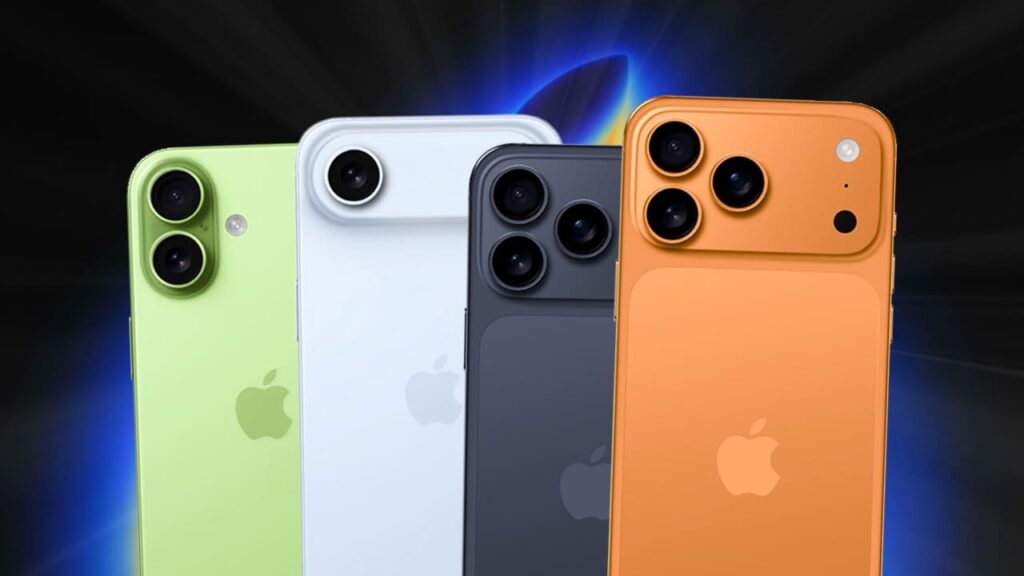 Cuatro iPhone 17 en verde, blanco, gris y naranja; dos con doble cámara y dos con triple, sobre fondo oscuro con halo azul.