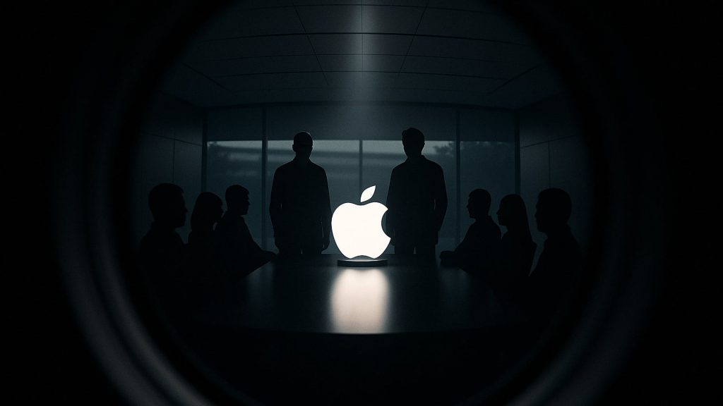 Reunión secreta en Apple con directivos alrededor de una mesa con el logo de la compañía iluminado en el centro.