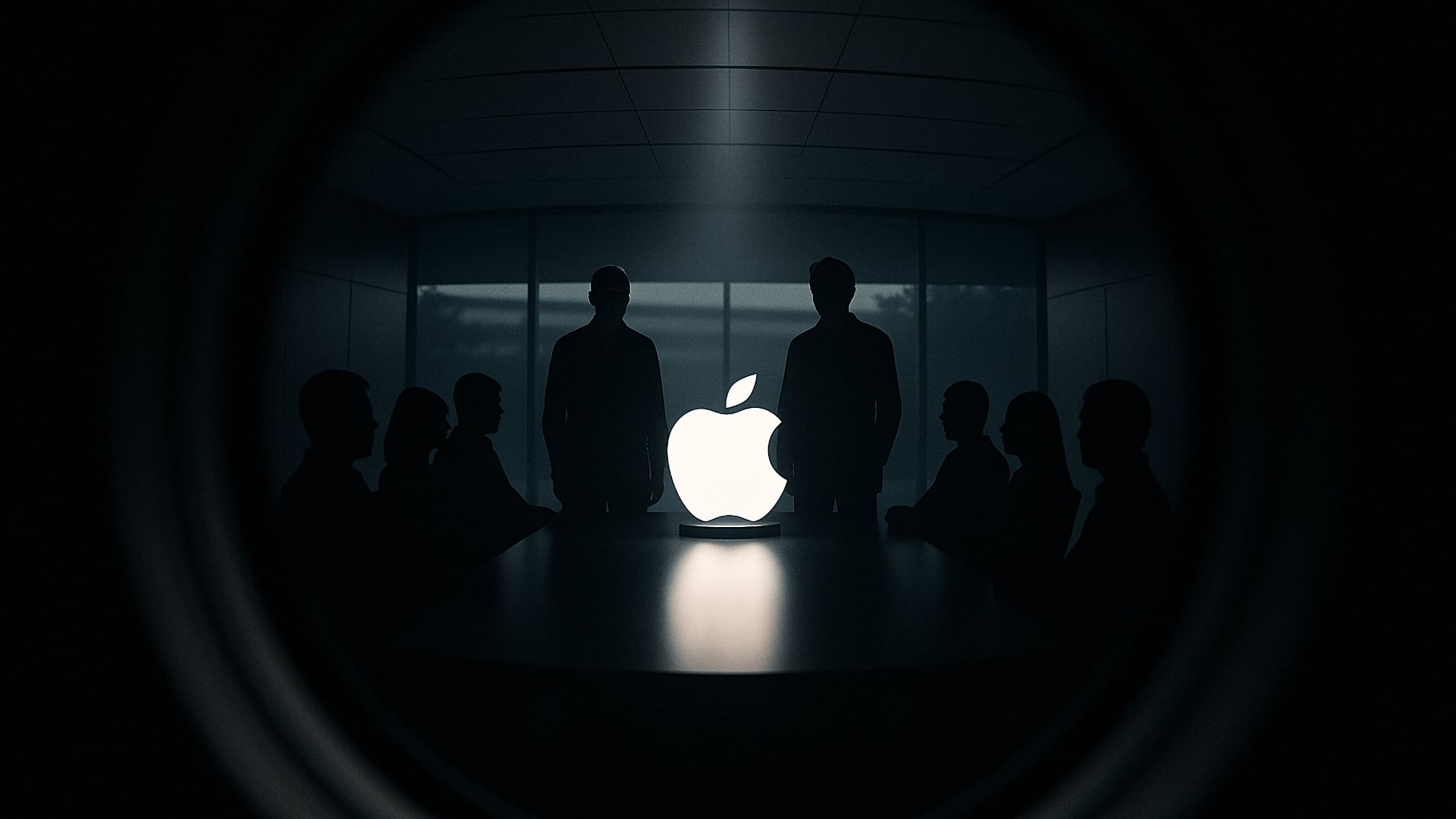 Reunión secreta en Apple con directivos alrededor de una mesa con el logo de la compañía iluminado en el centro.