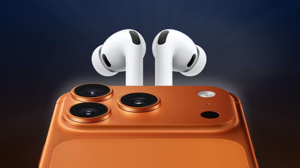 iPhone 17 Pro color naranja con cámara triple junto a los AirPods Pro 3 blancos sobre fondo oscuro.