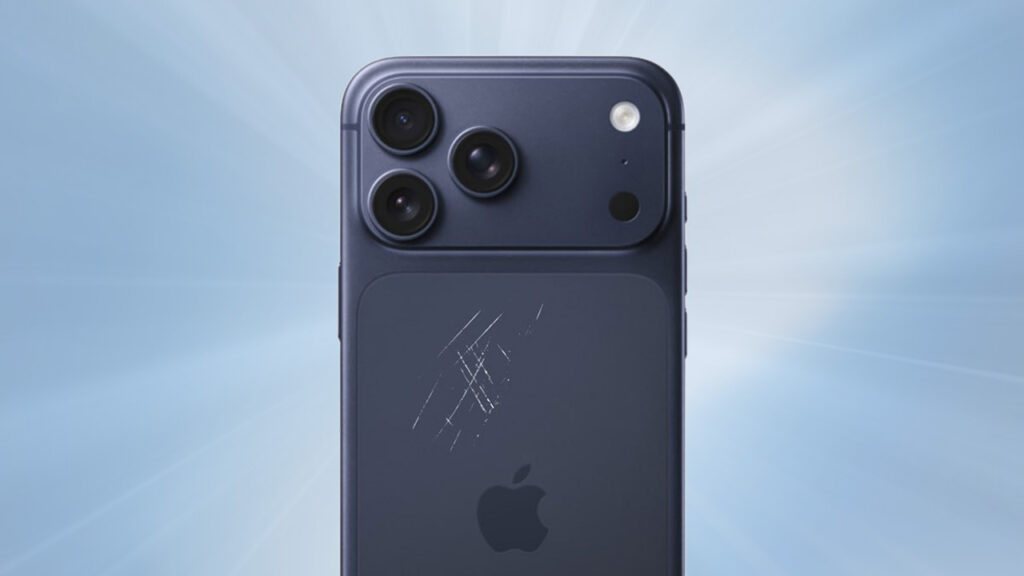 iPhone 17 Pro Max azul oscuro con arañazos en el chasis, imagen del scratchgate que cuestiona su resistencia