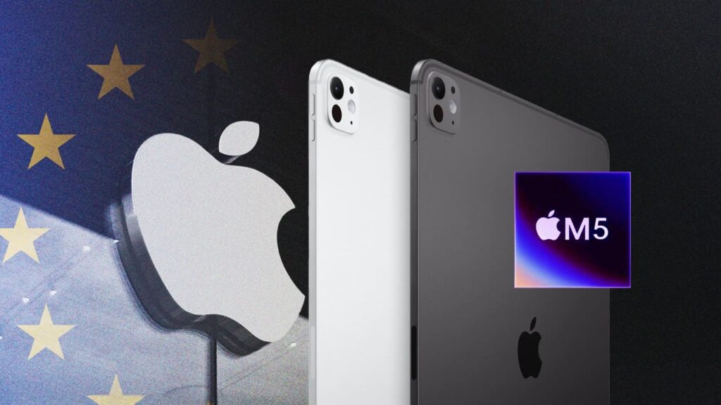 iPad Pro M5 junto al logo de Apple y bandera de la Unión Europea