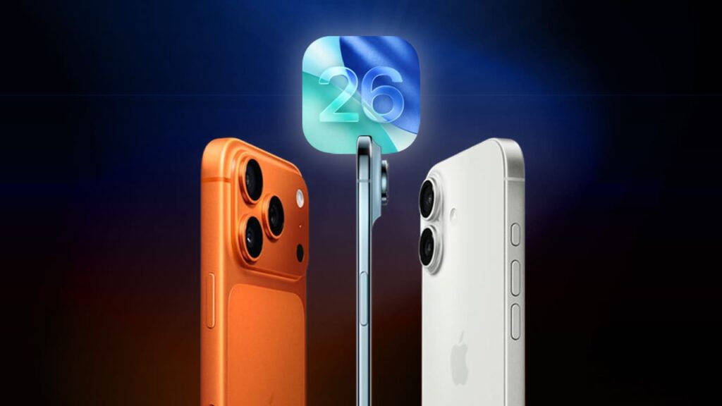 iPhone 17, 17 Pro y 17 Air mostrando el logo de iOS 26 en fondo oscuro