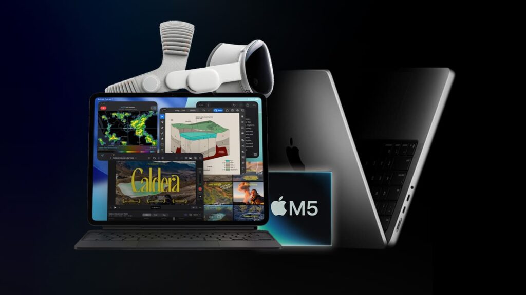 MacBook, iPad y Vision Pro con chip Apple M5 en fondo oscuro