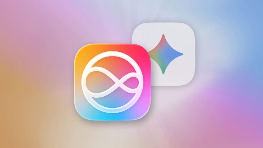 Iconos de Gemini y Siri sobre fondo degradado, portada del podcast sobre IA en Siri y acuerdo Apple-Google.