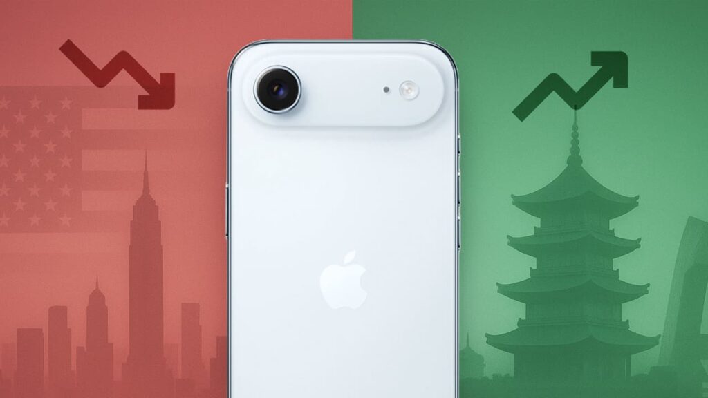 iPhone Air blanco centrado con fondo rojo de EEUU y verde de China, con flecha a la baja y flecha al alza sobre cada lado.