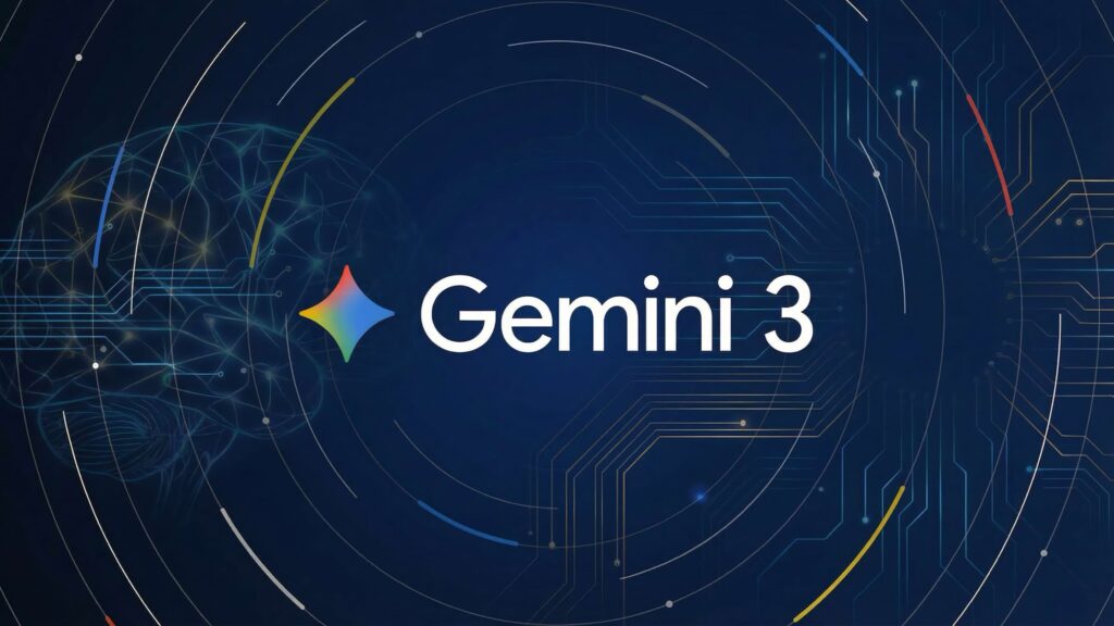Logotipo de Google Gemini 3 sobre un fondo tecnológico azul con un cerebro digital, portada del análisis sobre inteligencia artificial en el podcast.