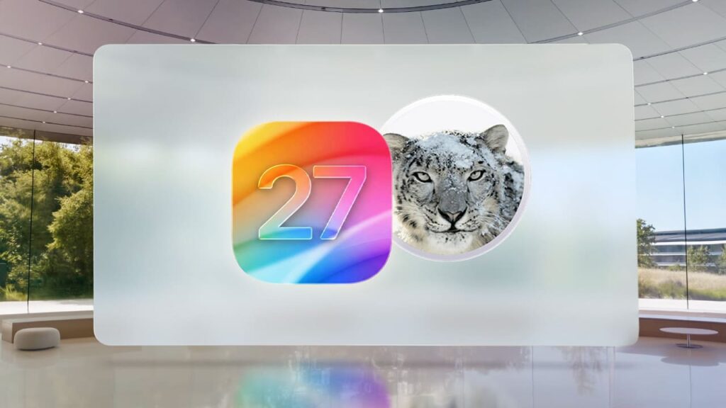 Icono de iOS 27 junto a un leopardo de las nieves sobre un fondo de presentación tipo Apple Park, ilustrando una versión centrada en estabilidad y refinamiento.